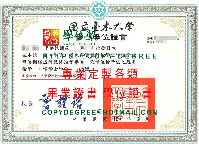 台東大學畢業證書模本|製作臺東大學(NTTU)109年版畢業證書