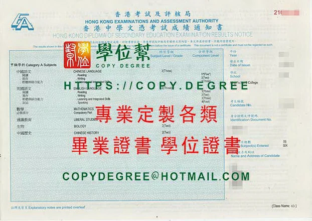 香港中學文憑考試成績通知書範本